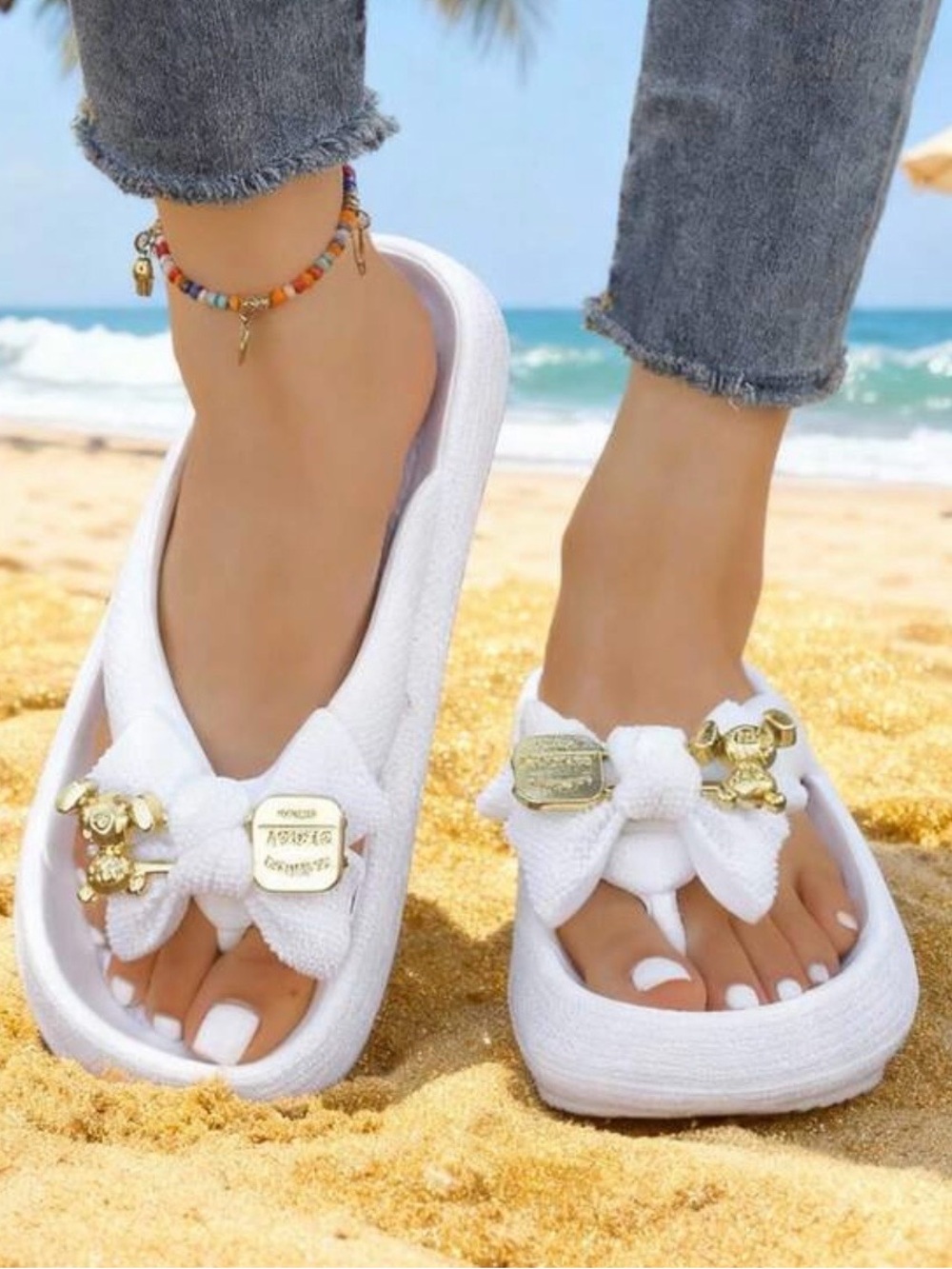 Bow Knot Beach/Leisure Sandals….Color: White/Gold…Sz: 8-8.5